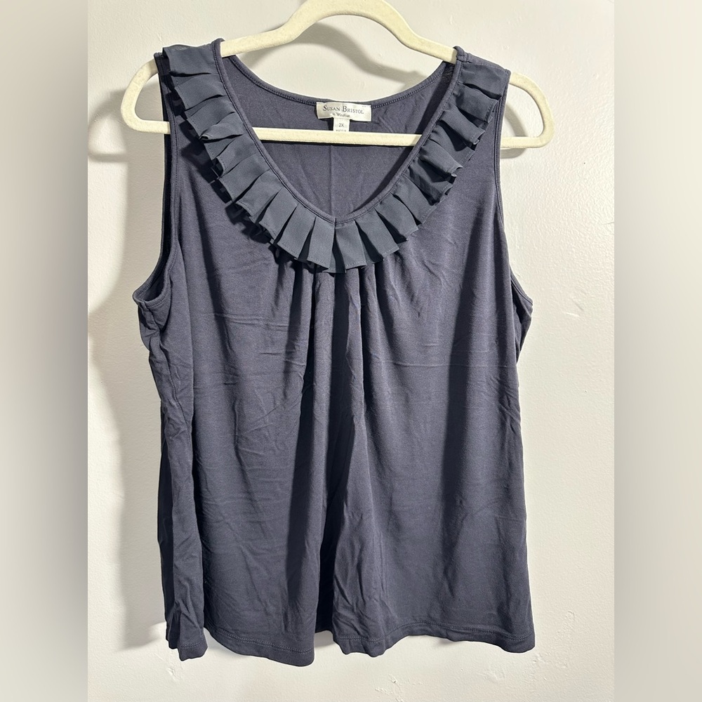 Susan Bristol Woman Women's 2X Ruffled Neck Blue Sleeveless Top | SKU 0996
